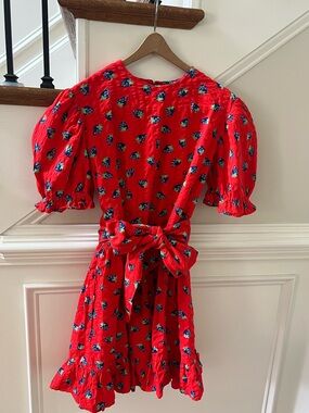 Bright Red Floral Tie-Waist Dress